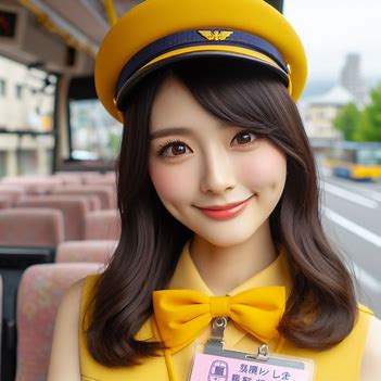 A young and beautiful Japanese bus guide wearing a yellow hat。画像 1/4