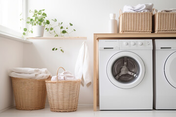 Modern laundry room with natural wicker laundry baskets and washing machine