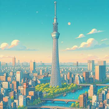 東京スカイツリーの昼間の風景、もう少し明るいイラスト。画像 2/4