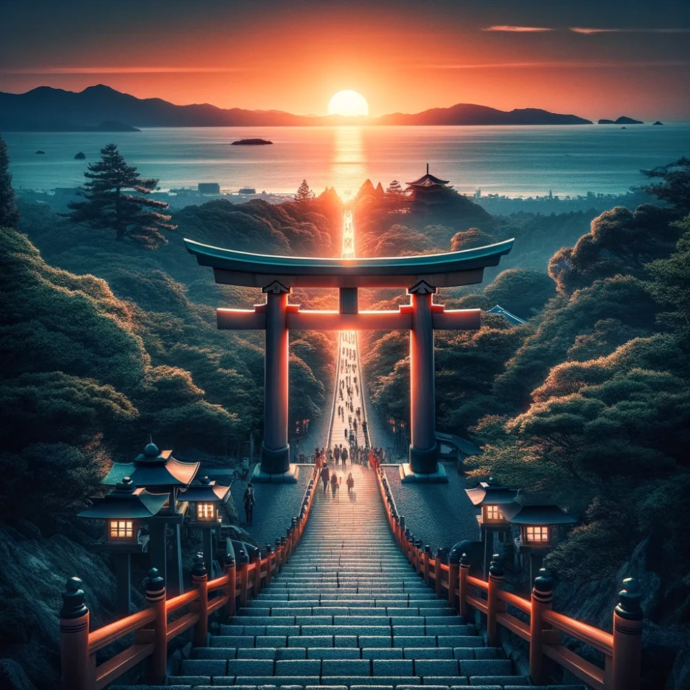 A refined illustration of the Path of Light at Miyajidake Shrine in Fukuoka Japan focusing on the 80 stone steps and the grand torii gate with the setting sun perfectly centered through it The scene is modified to remove any buildings on both sides leaving only the stone steps the torii gate and the natural landscape The coastline is visible in the distance enhancing the depth of the scene The setting sun casts a mystical glow creating a path of light that leads into the sky with visitors ascending the steps
